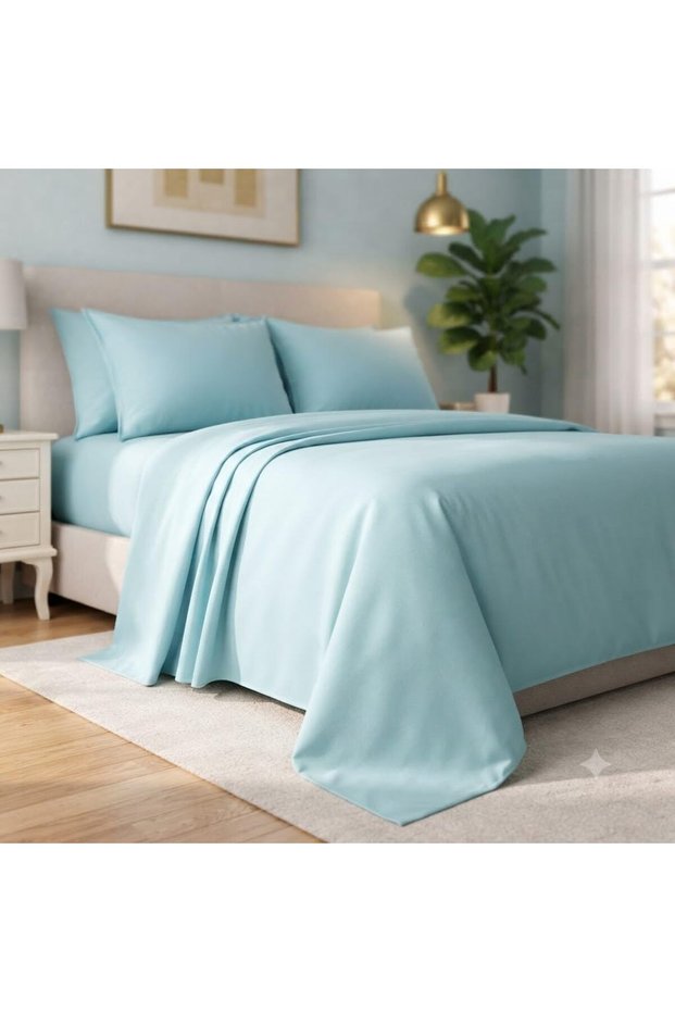 Luxury 3-Piece Turkish Cotton Bedsheet Set – 300 Thread Count, Elegant Stripe & Plain Dyed Flat Sheet Collection with Matching Pillowcases (King Size) (Turquoise, King (U.K. Standard))