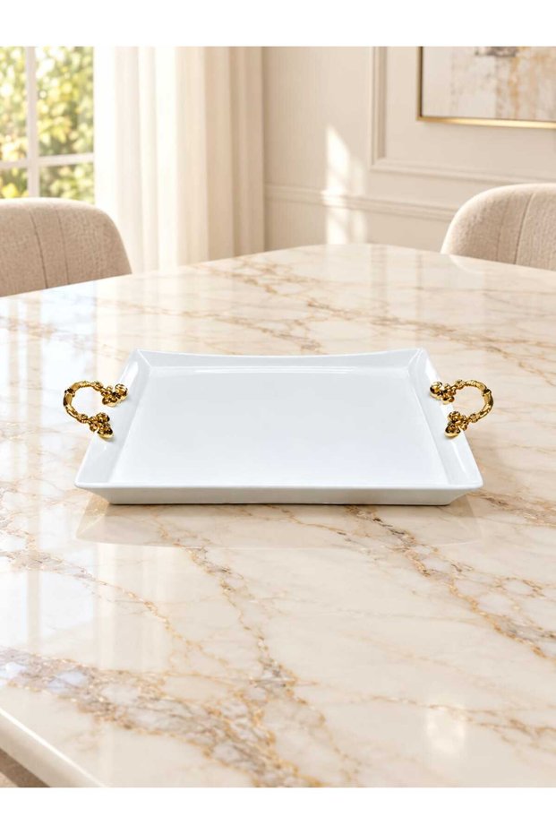 Kare Sunumluk Porcelain Tray with Gold Handles