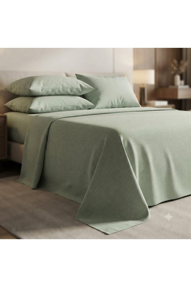 Luxury 3-Piece Turkish Cotton Bedsheet Set – 300 Thread Count, Elegant Stripe & Plain Dyed Flat Sheet Collection with Matching Pillowcases (King Size) (Olive Green, King (U.K. Standard))