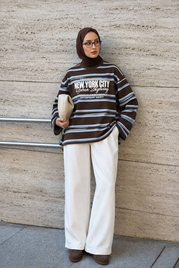 New York Printed Striped Oversize Women's Sweatshirt