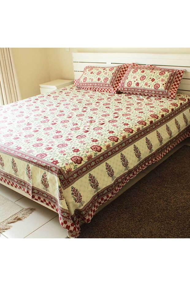 Bedsheet and 2 Pillow Covers - Maroon Light Green and Cream print