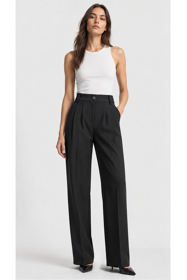 Black Palazzo High Pleated Trousers