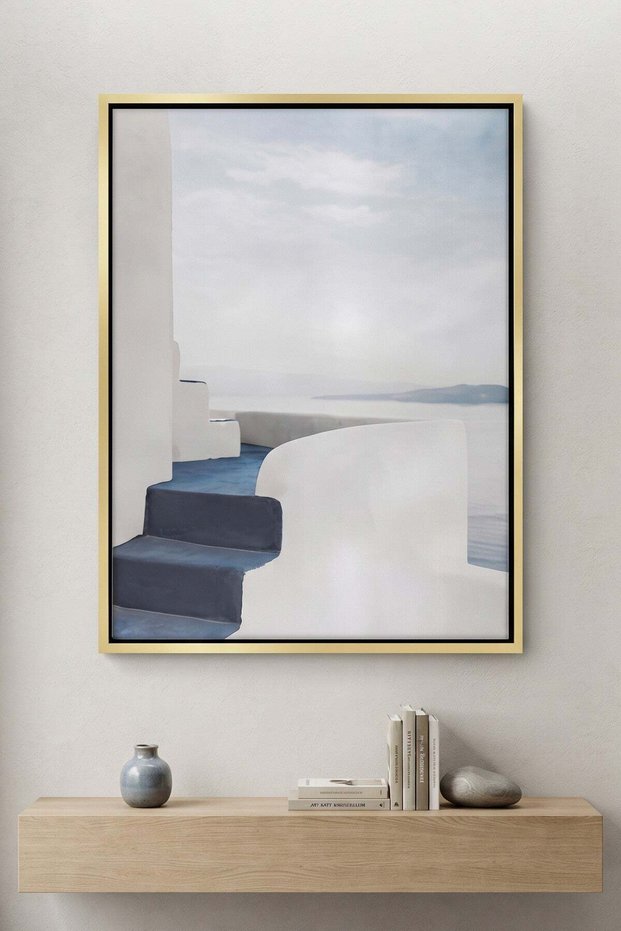 Santorini Blue Stairs Architecture Wall Art | Portrait Framed Canvas Print | Luxury Home Decor