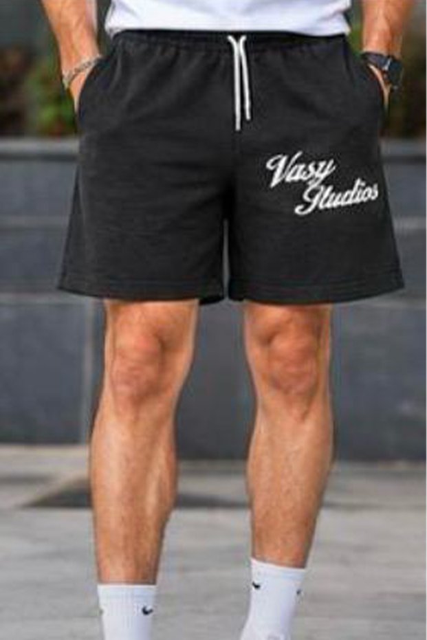 Black Men's Printed Lace-Up Comfortable Cut Shorts