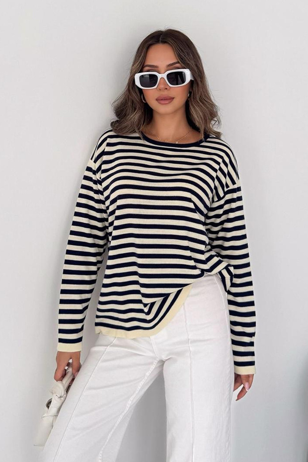 Women's Crew Neck Striped Knitwear Sweater Relaxed Fit Long Sleeve