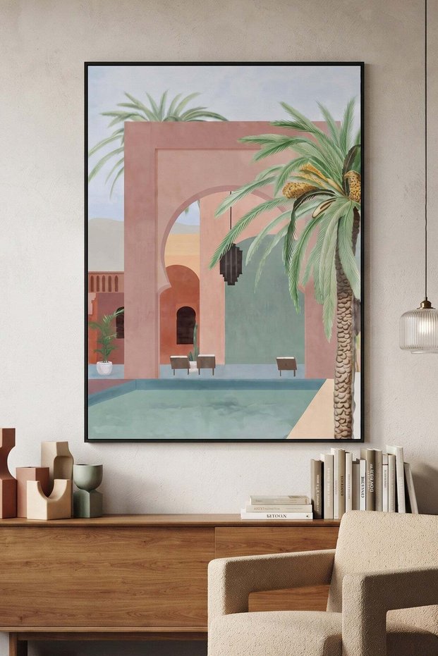 Marrakech Oasis Architecture Wall Art | Portrait Framed Canvas Print | Modern Decor for Living Room
