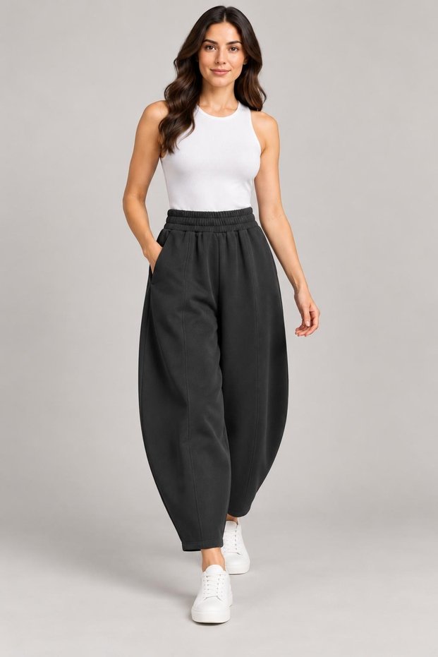Women's Black Scuba Fabric High Front Seam Detailed Balloon Trousers Barel Cut