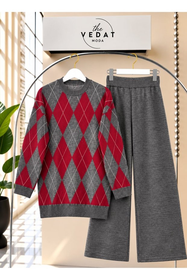 Women's Diamond Patterned Knitwear Trouser Set -0500 Gray