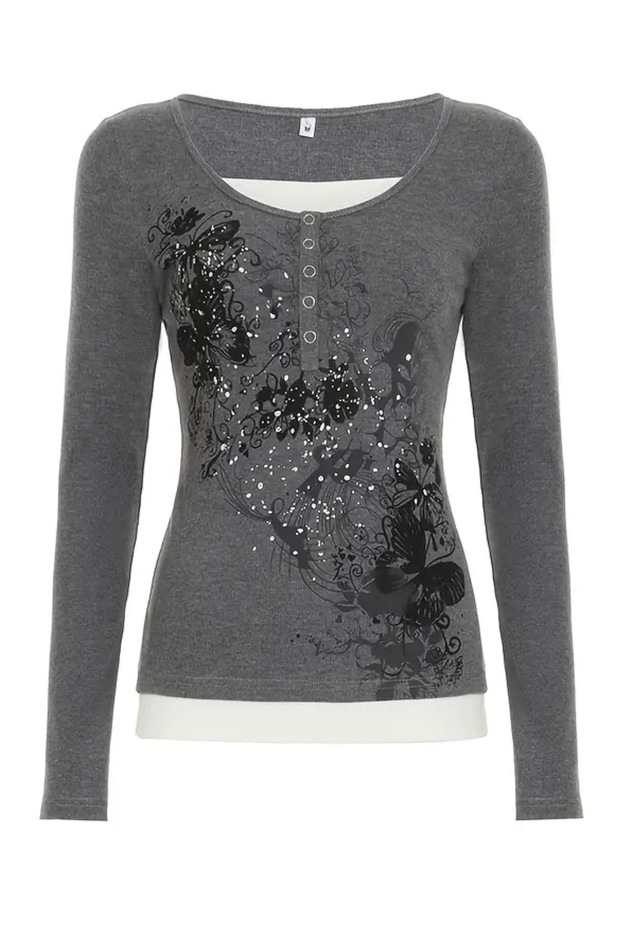 Flower Floral Patterned Buttoned Smoked Long Sleeve Blouse