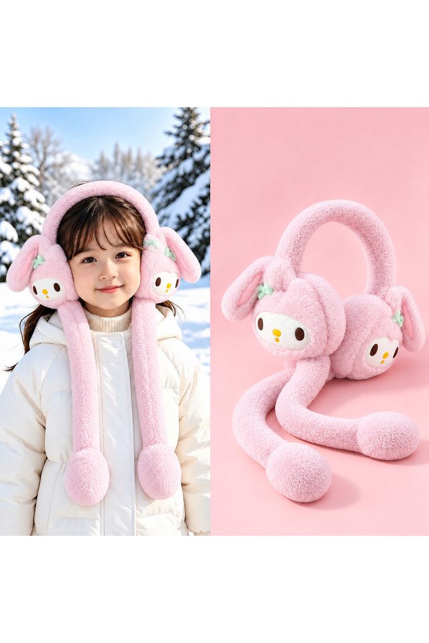 Cute Pink Rabbit My Melody Patterned Teen Girls Boys Plush Movable Ear Sound Activated Winter Warmer Rabbit Ear Bowknot Long Sleeve Winter Earflap Hat