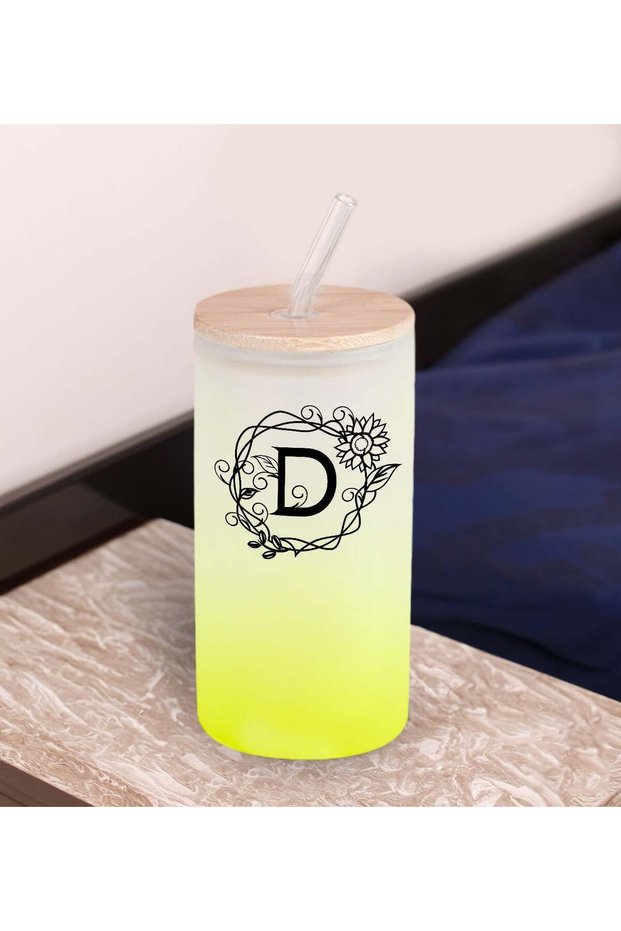 Yellow Colored Lettered Glass Cup with Straw 600ml - 1, Gift for a Friend, Birthday Gift