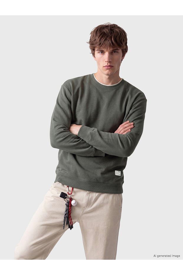 Ozmarka New Season Green Crew Neck Men's Thick Sweatshirt