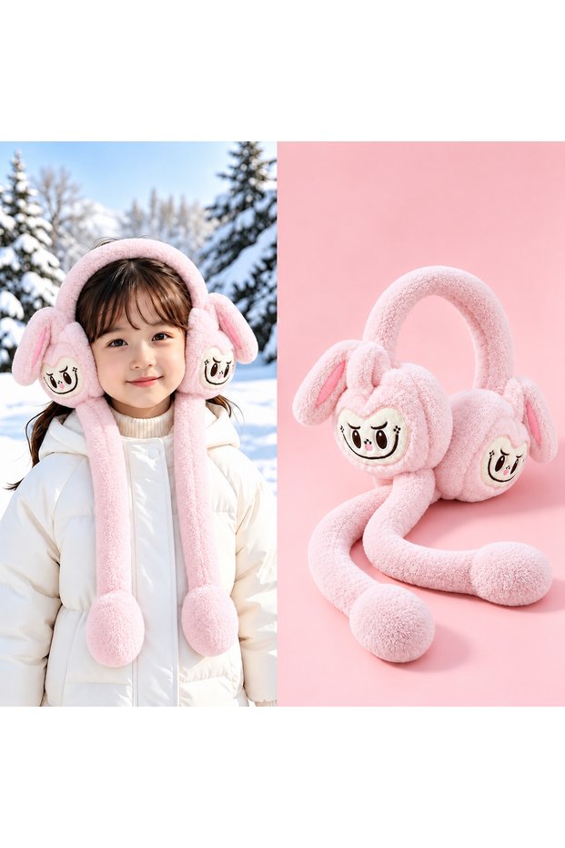 Cute Pink Labubuuu Patterned Teen Girls Boys Plush Movable Ear Sound Activated Winter Warmer Rabbit Ear Bowknot Long Sleeve Winter Earflap Hat