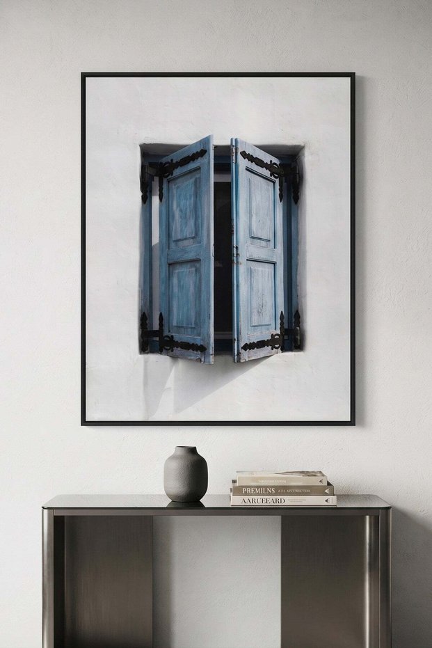 Mediterranean Blue Window Architecture Wall Art | Portrait Framed Canvas Print | Luxury Home Decor