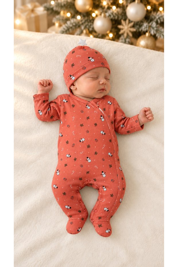 Little Snow Newborn Snowman Patterned Booties, Jumpsuit and Hat 2-Piece New Year's Baby Set