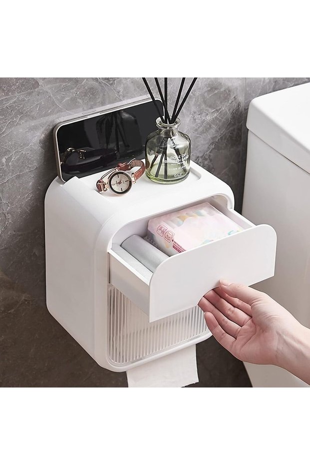 Tissue Storage Box, Wall Mounted Bathroom Organizer with Phone Holder and Dispenser, Multifunctional