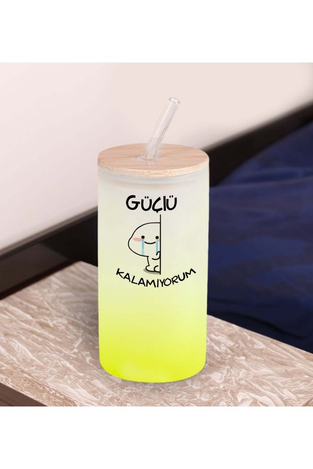 Humorous Design Yellow Color Frosted Glass Cup with Straw 600ml - 11, Gift for a Friend, Birthday Gift