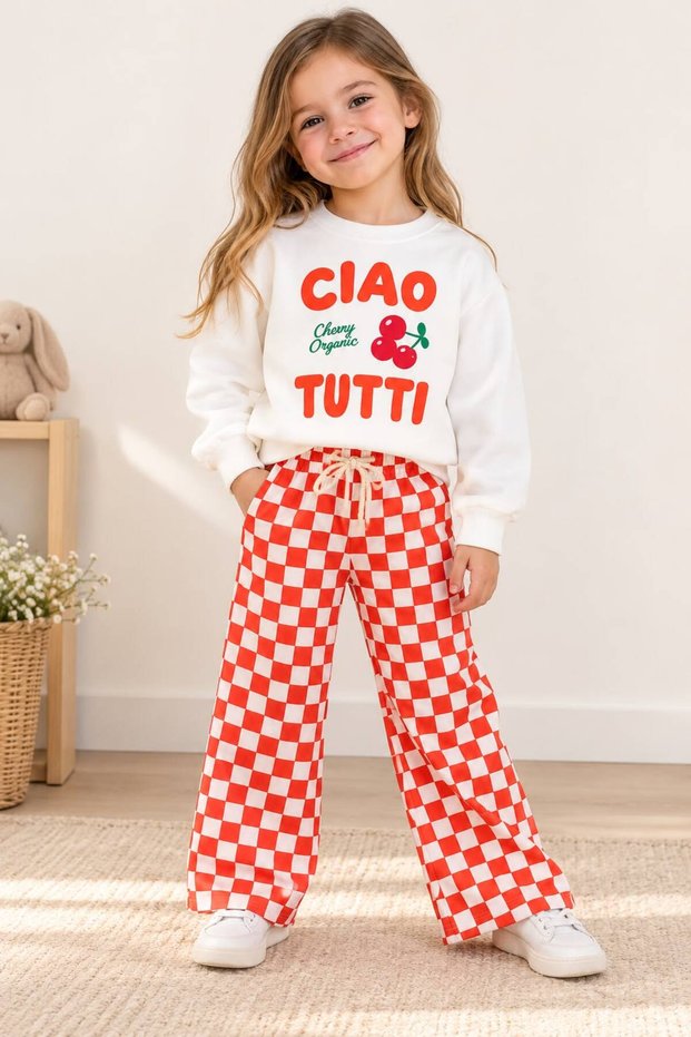 White Top with Cherry Print - Orange and White Checkered Bottom Girls' 3 Thread Tracksuit Set for Ages 2-8