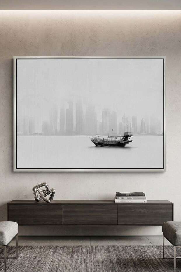 The Foggy Dhow Architecture Wall Art | Landscape Framed Canvas Print | Modern Decor for Living Room