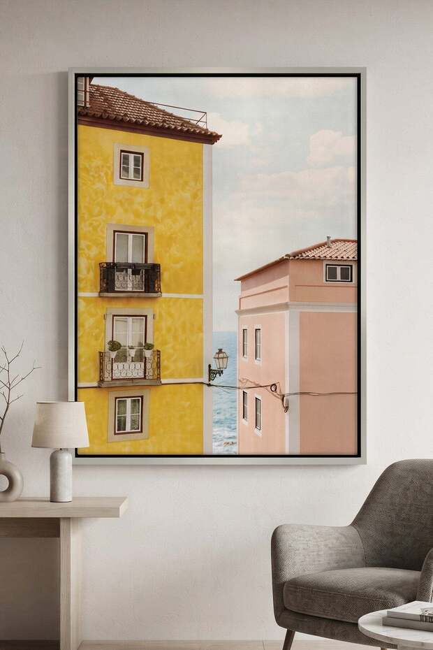 Yellow and Pink Portuguese Architecture Wall Art | Portrait Framed Canvas Print | Luxury Home Decor