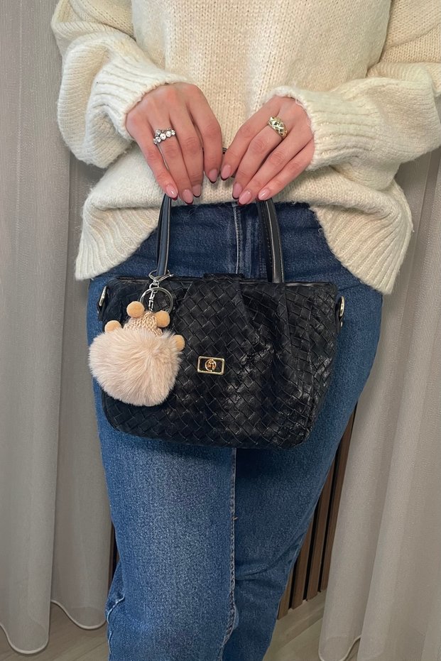 Women's Black Knitted Patterned Stylish Hand and Shoulder Bag with Charm Gift