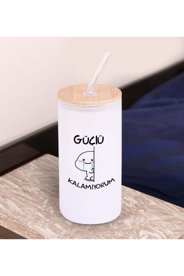 Humorous Design White Color Frosted Glass Cup with Straw 600ml - 11, Gift for a Friend, Birthday Gift