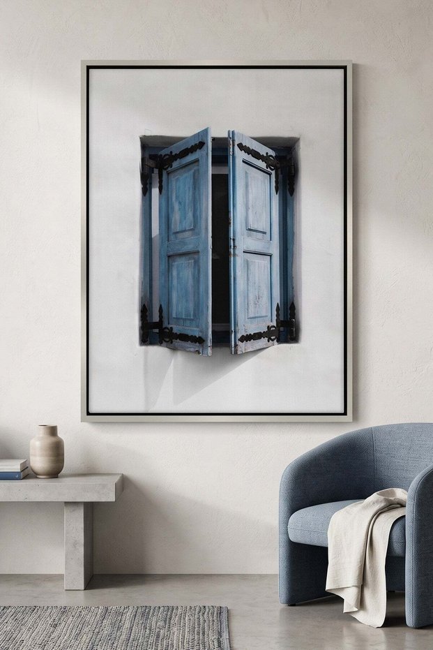 Mediterranean Blue Window Architecture Wall Art | Portrait Framed Canvas Print | Luxury Home Decor