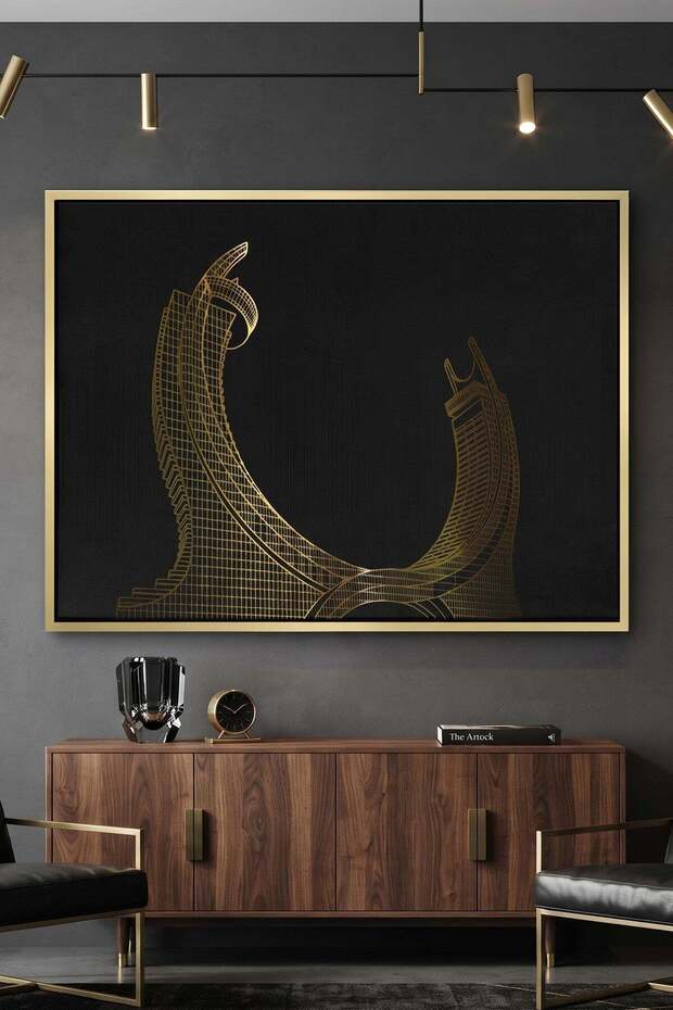 Qatara Tower Architecture Wall Art | Framed Canvas Print with Gold Foil | Luxury Home Decor