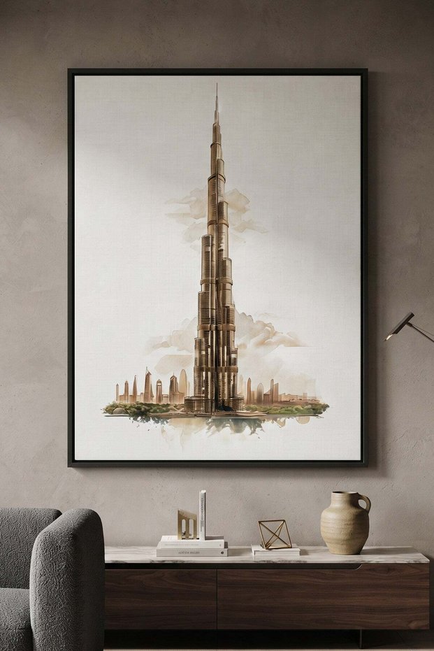 Abstract Burj Khalifa Sketch Architecture Wall Art | Portrait Framed Canvas Print | Home Decor