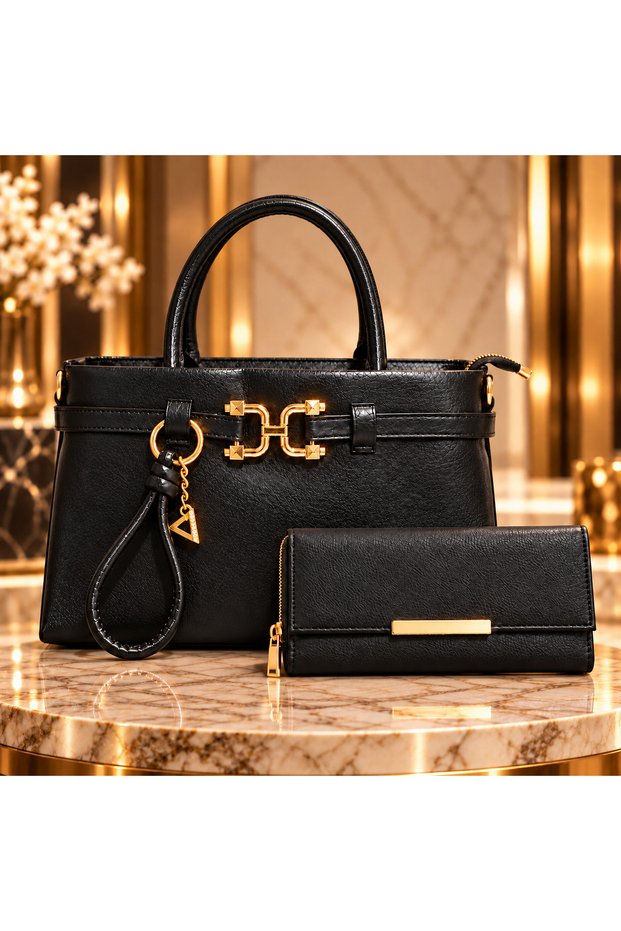 Women's 2-Piece Bag and Wallet Set – Stylish Hand and Shoulder Bag with Gold Buckle, Zipper Closure, Lined, High-Quality Leather Luxury Combination