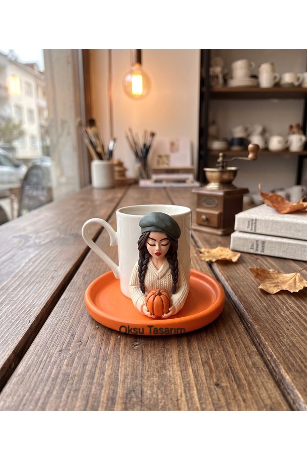 Autumn-Themed Turkish Coffee Cup with a Pumpkin in Hand