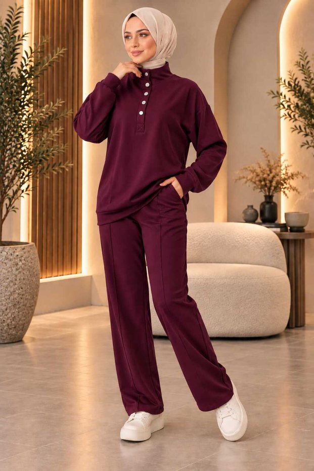 Women's Hijab Snap Collar Modal Fabric Double Set with Wide Leg Pants, Comfortable Cut, Sporty and Stylish Set