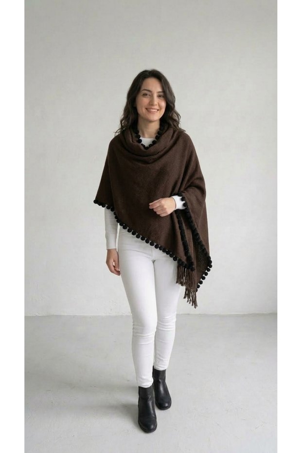 Black Pompom Tasseled Women's Knitwear Shawl Poncho