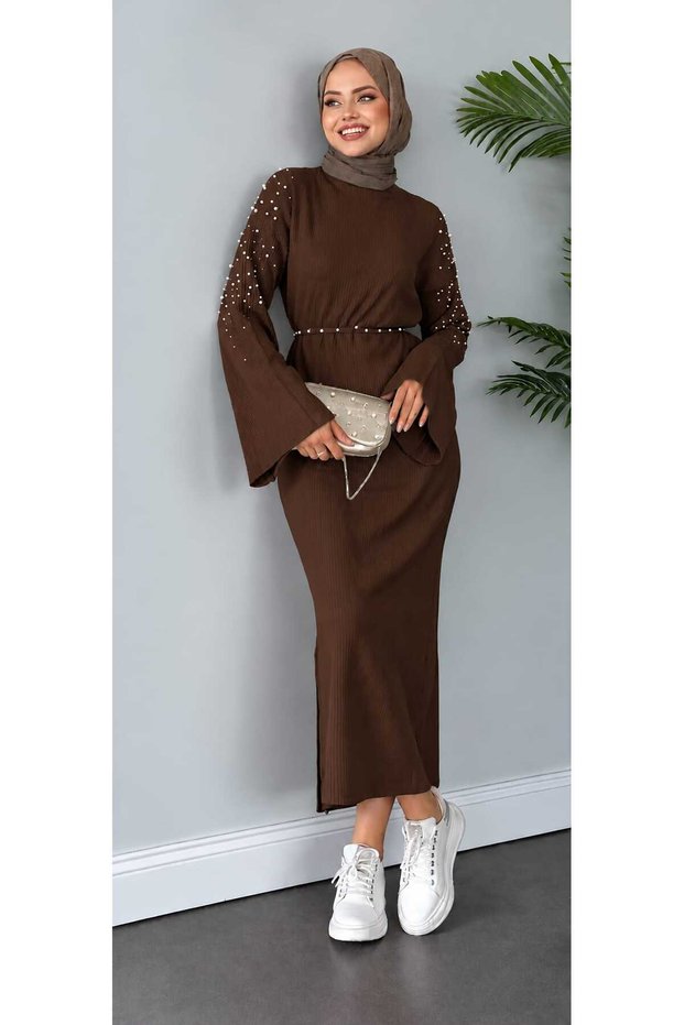 Women's Hijab Knitwear Dress Pearl Detailed Wide Sleeve Long Stretchy Ribbed Hijab Dress [130cm]