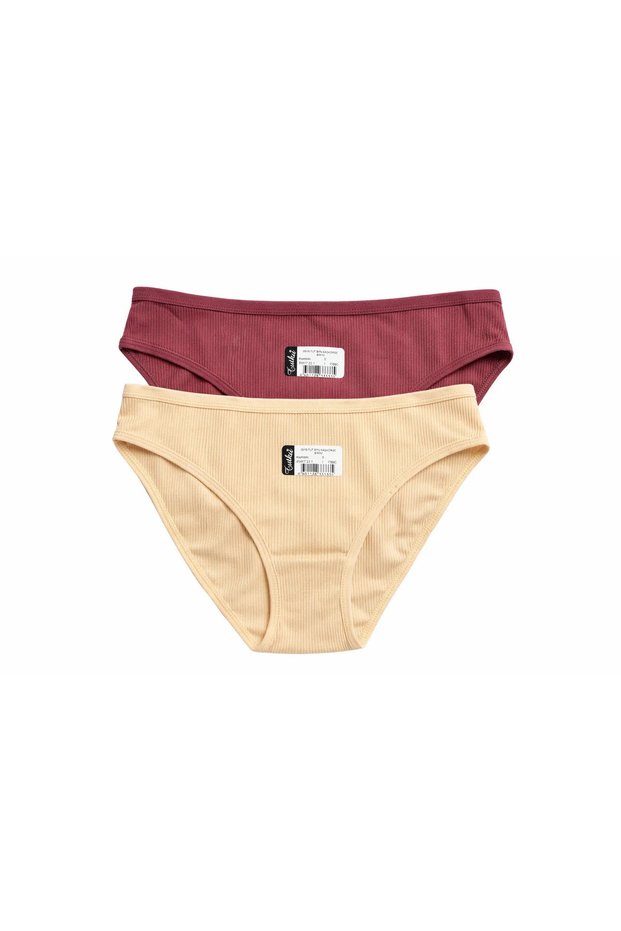 2 Pieces Women's 100% Cotton High Ribbed Standard Size Panties Gathering Cotton Underwear Beige-Tile Gray