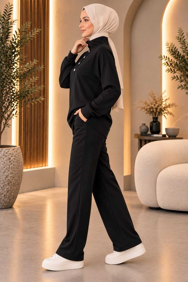 Women's Hijab Snap Collar Modal Fabric Double Set with Wide Leg Pants, Comfortable Cut, Sporty and Stylish Set