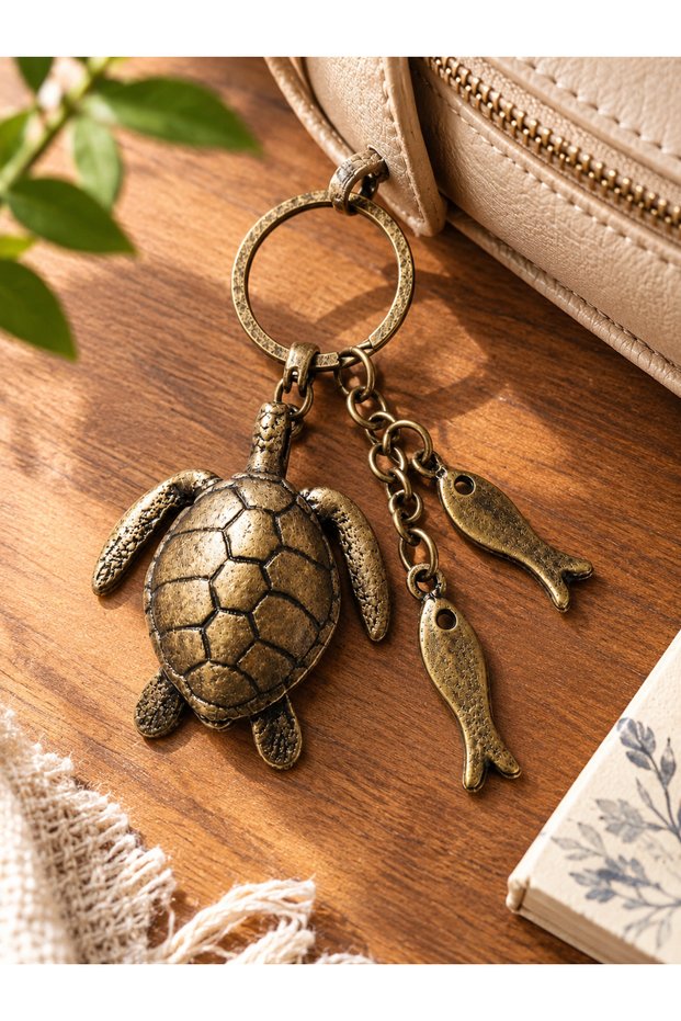 Antique Bronze Lucky Sea Turtle and Abundance Fish Metal Keychain / Bag Ornament