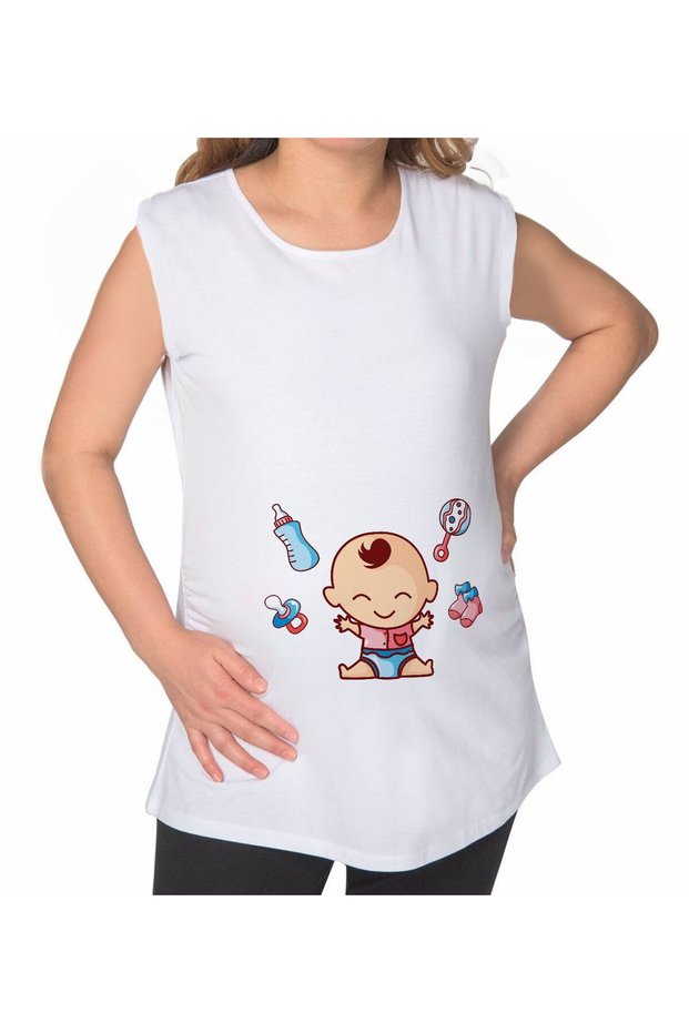 Baby Designed White Zero Sleeve Maternity T-Shirt-2, Maternity Clothing, Gift for Wife