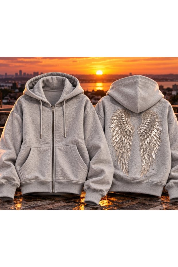 Unisex Gray Oversize Hooded Sweatshirt with Sequin Embroidered Angel Wings and Zipper