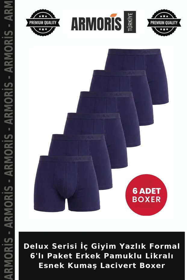 Delux Series Underwear Summer Formal 6'Lı Package Men's Cotton Lycra Flexible Fabric Navy Blue Boxer