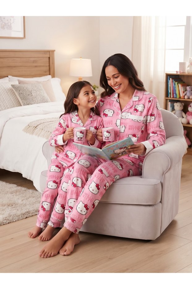 Mother-Daughter Cotton Shirt Collar Buttoned Long Sleeve Pajama Set (the Price Is for One Item)