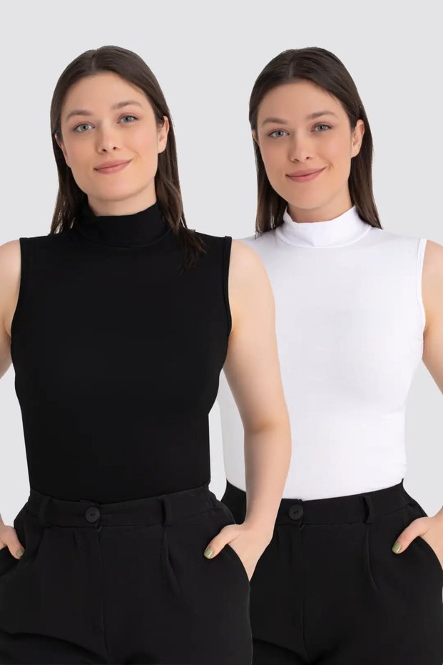 Delux Series Women's White Black 2-Piece Sleeveless Body Turtleneck Wardrobe, Star Plain Style