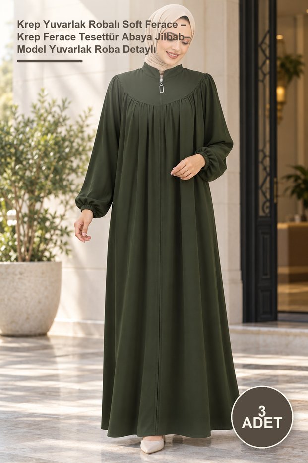 3 Pieces of Crepe Round Robe Soft Ferace – Crepe Ferace Hijab Abaya Jilbab Model with Round Robe Detail