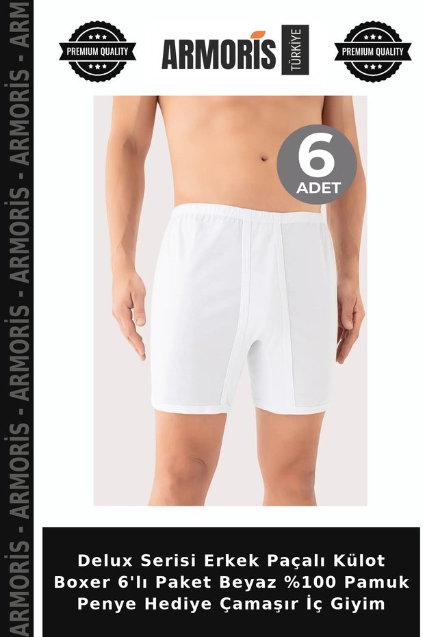 Delux Series Men's Long Underpants Boxer 6'Li Package White %100 Cotton Combed Gift Laundry Underwear