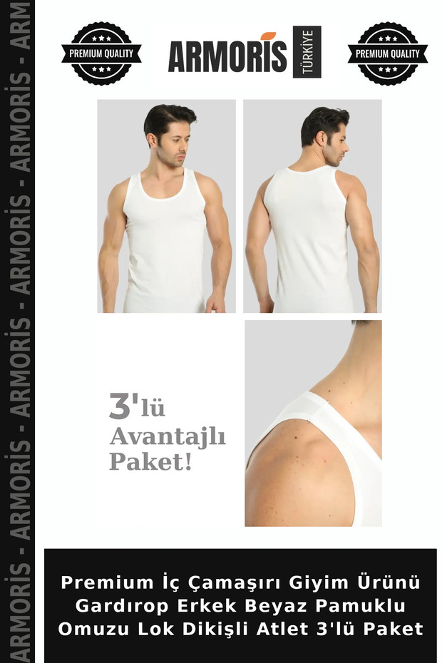 Premium Underwear Clothing Product Wardrobe Men's White Cotton Shoulder-Locked Stitched Undershirt 3-Pack