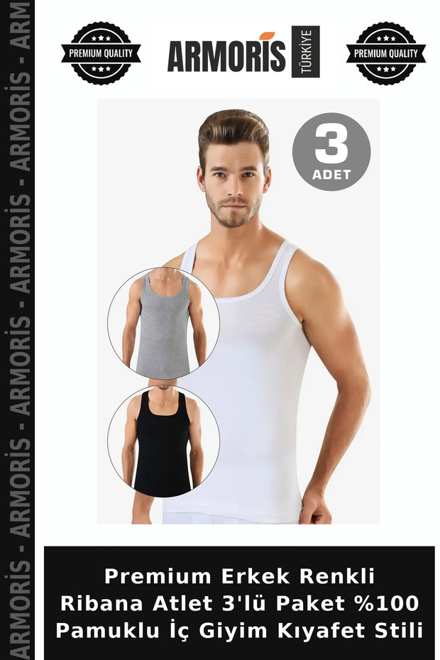Premium Men's Colorful Ribbed Undershirt 3-Pack %100 Cotton Underwear Outfit Style