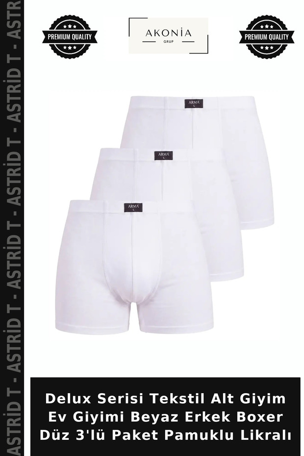 Delux Series Textile Underwear Home Wear White Men's Boxer Plain 3-Piece Pack Cotton Lycra