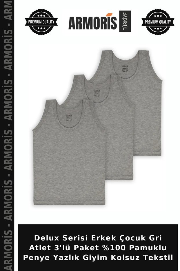 Delux Series Boys' Gray Undershirt 3-Pack 100% Cotton Combed Cotton Summer Wear Sleeveless Textile