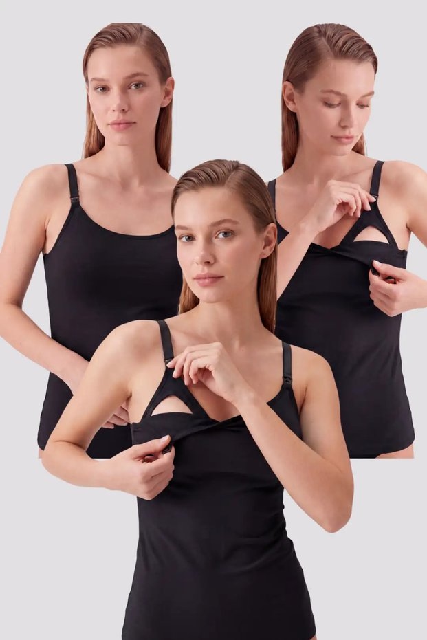 Delux Series Women's Cotton Covered Nursing Undershirt Black 3-Pack Design Flexible Undershirt