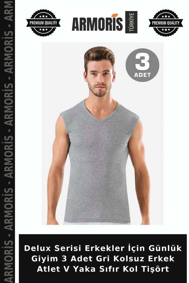 Delux Series Daily Wear for Men 3 Pieces Gray Sleeveless Men's Singlet V-Neck Zero Sleeve T-Shirt